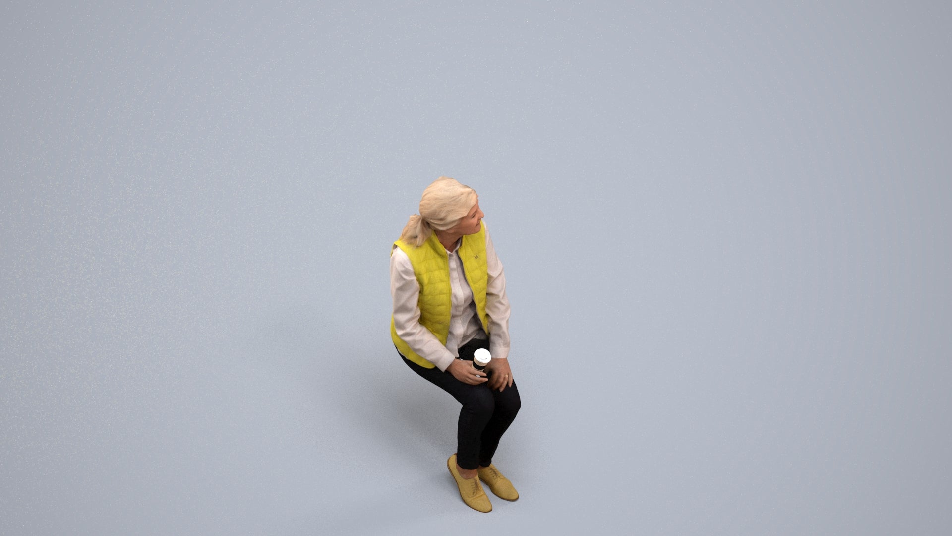3D scanned senior woman sitting casual, photorealistic archviz people for Enscape and SketchUp, back view render