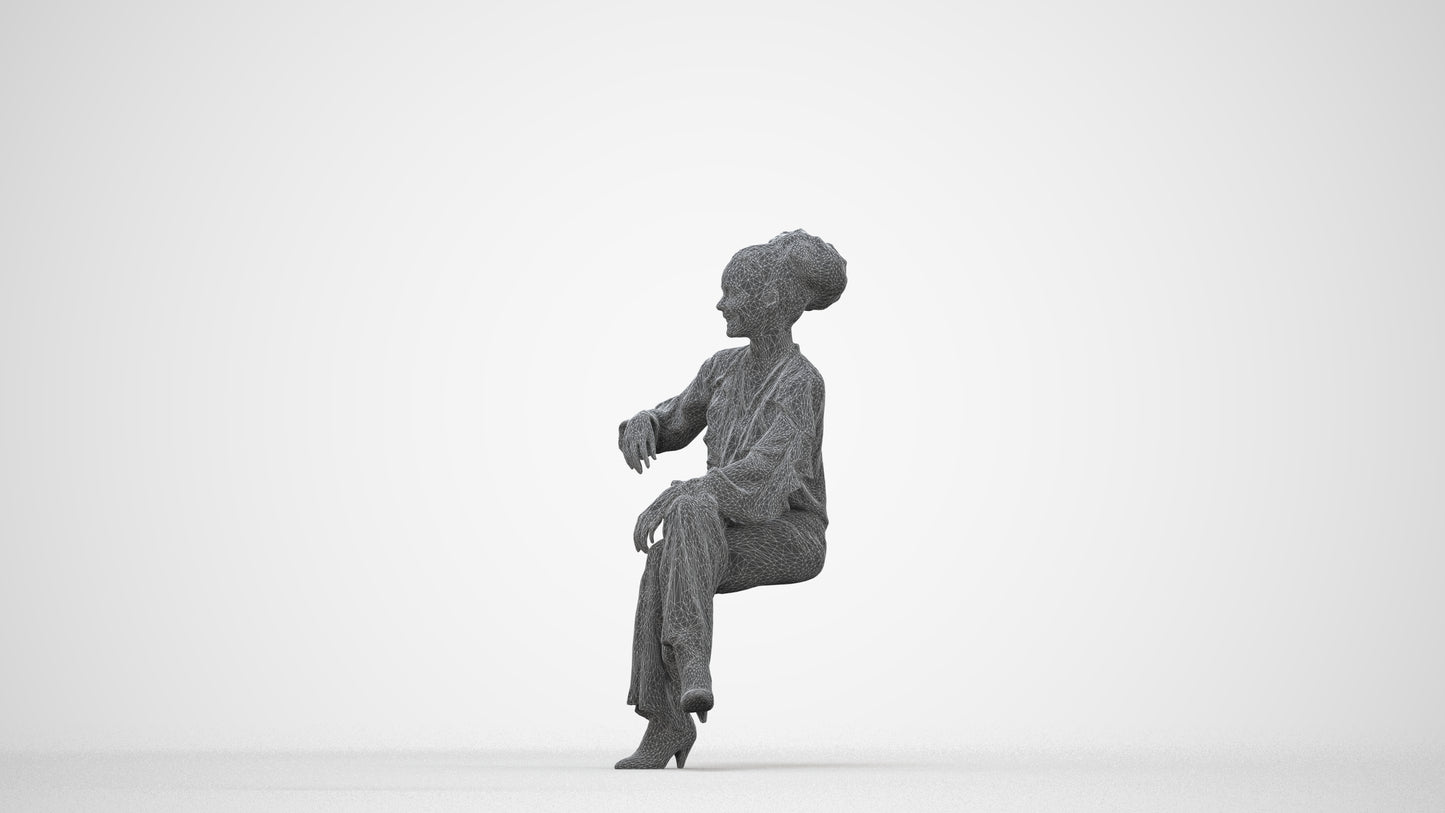 realistic 3D people woman casual sitting, render-ready for V-Ray and Corona, FBX OBJ, wireframe back view