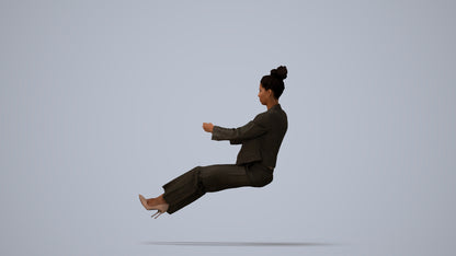 3D human model woman business driving, photogrammetry scanned person for archviz, three-quarter view render