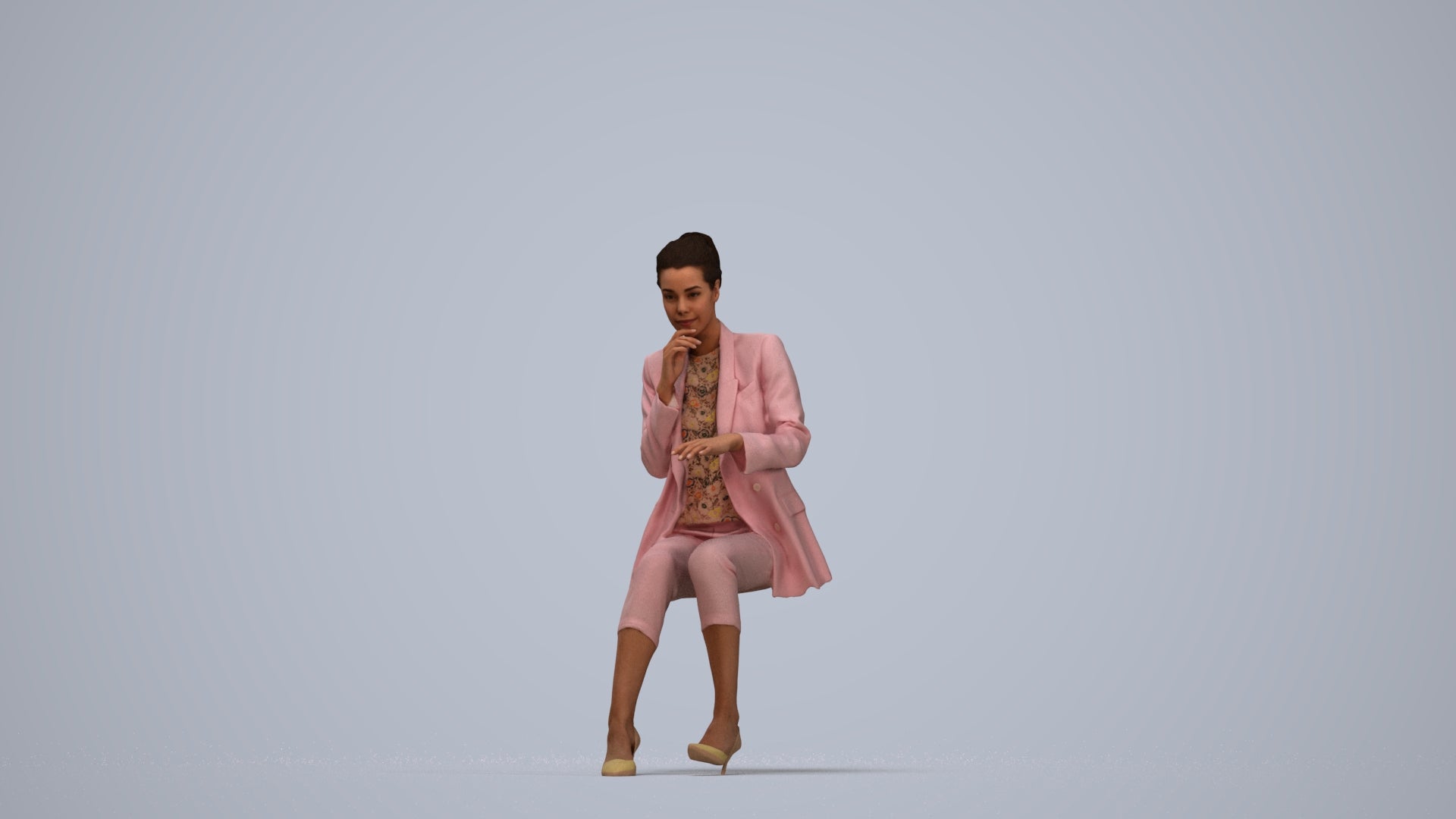 photogrammetry 3D woman business sitting, realistic human model archviz FBX, top-down view render