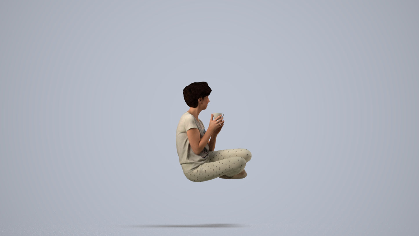 3D human model woman casual sitting, photogrammetry scanned person for archviz, side view render