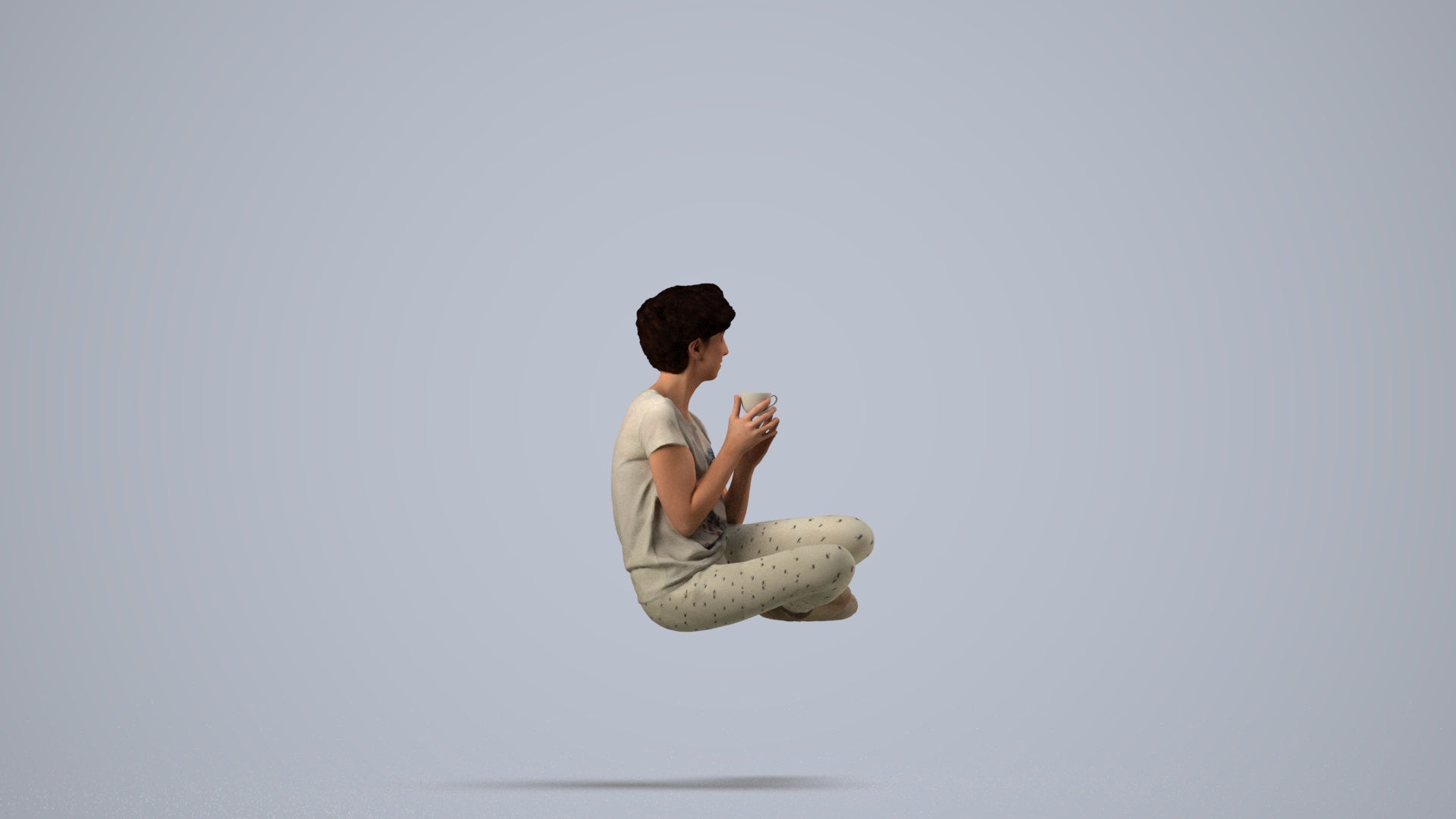 3D human model woman casual sitting, photogrammetry scanned person for archviz, side view render