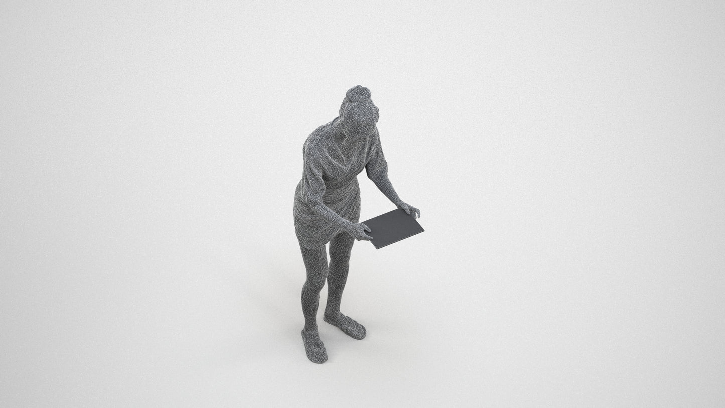 realistic 3D woman casual standing, scanned archviz people for Blender and 3ds Max, wireframe three-quarter view