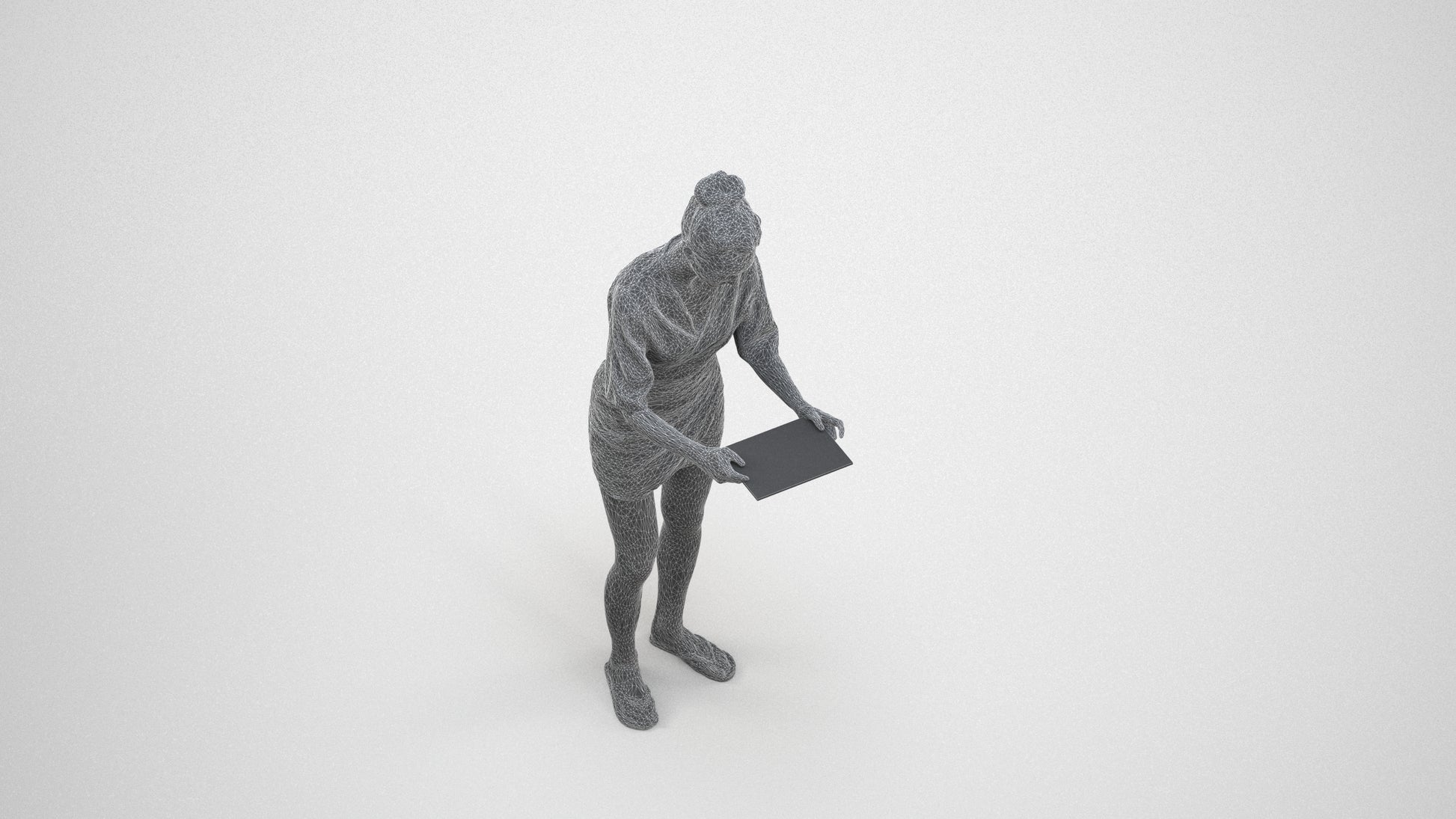 realistic 3D woman casual standing, scanned archviz people for Blender and 3ds Max, wireframe three-quarter view