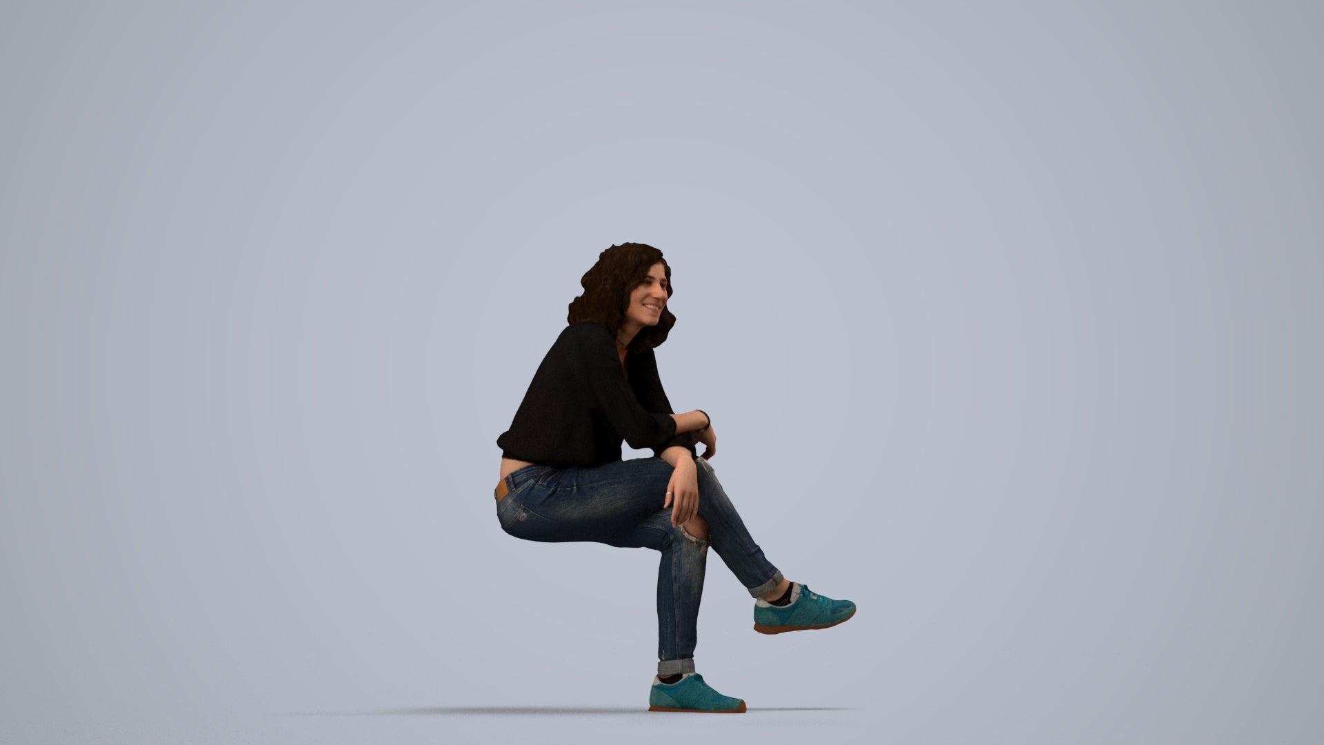 photogrammetry 3D woman casual sitting, realistic human model archviz FBX, side view render