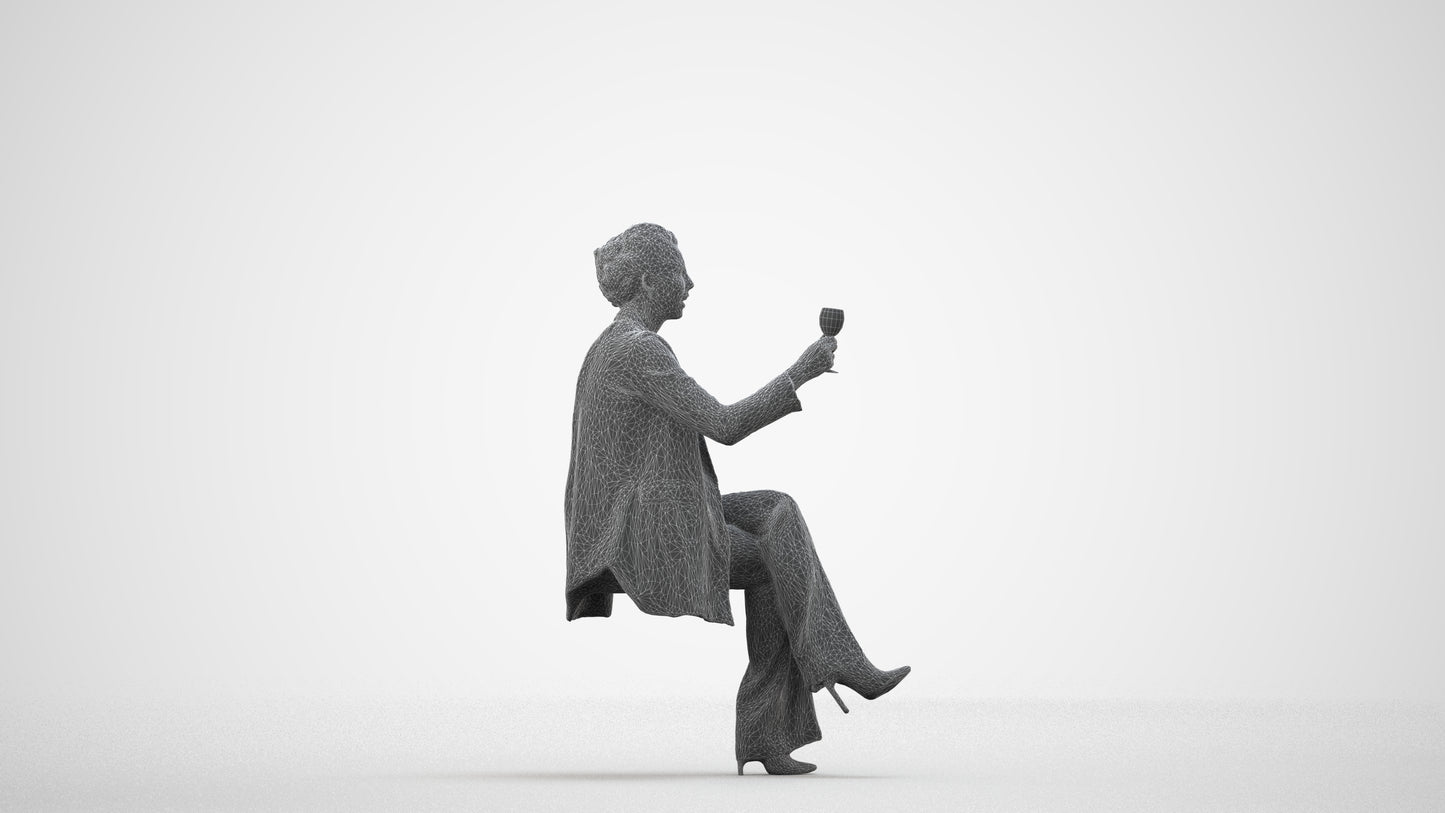 3D human model woman business sitting, photogrammetry scanned person for archviz, wireframe side view
