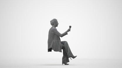 3D human model woman business sitting, photogrammetry scanned person for archviz, wireframe side view