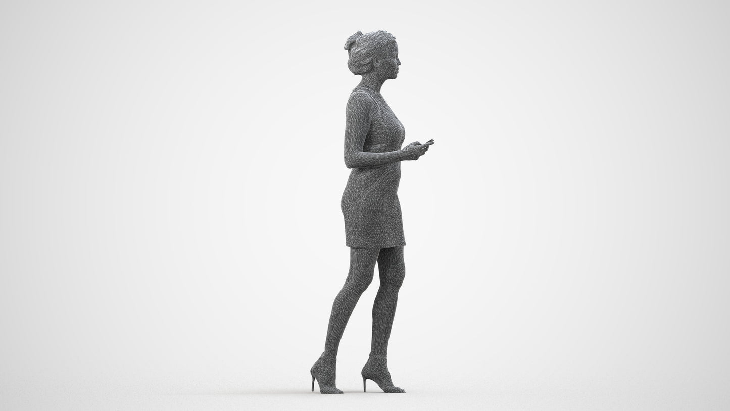 scanned 3D woman casual walking, photogrammetry people for Enscape and V-Ray, wireframe side view