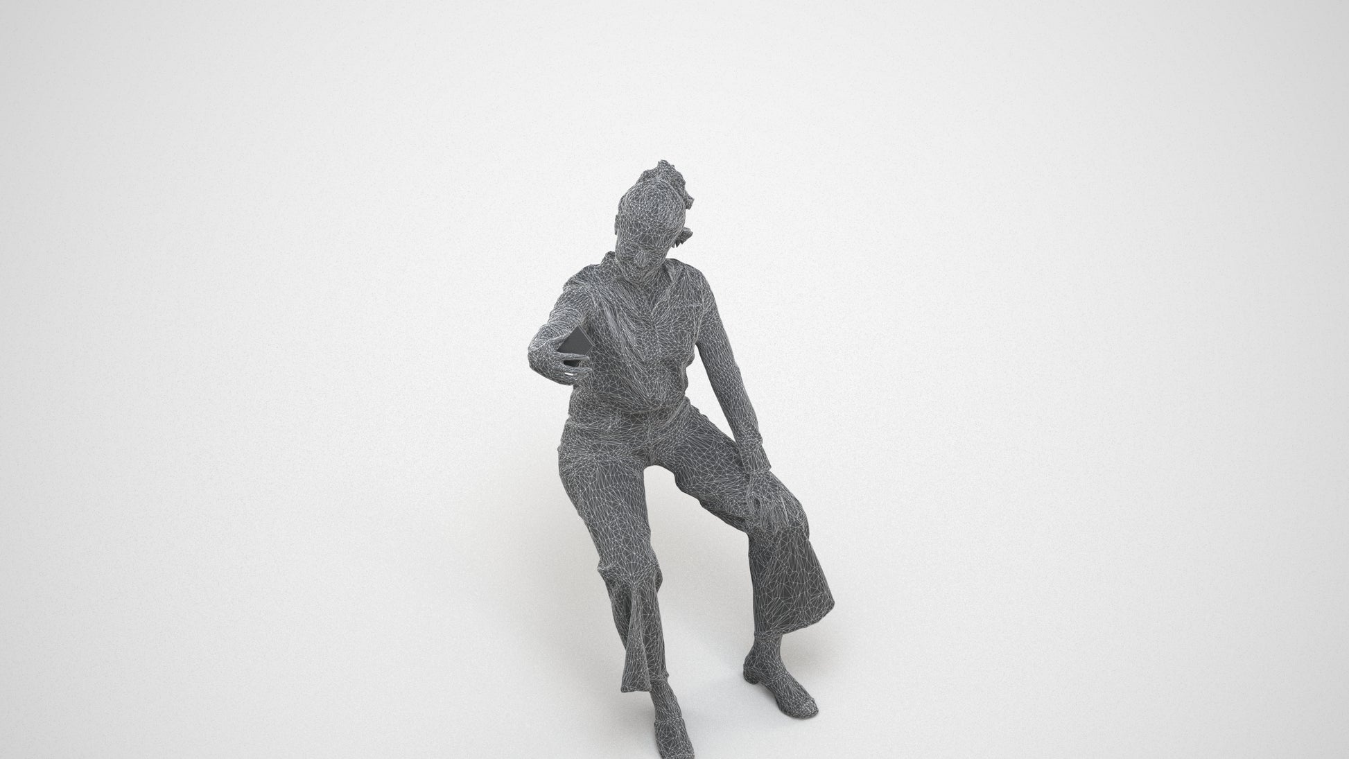 3D people model woman casual sitting, scanned human for 3ds Max rendering, wireframe three-quarter view