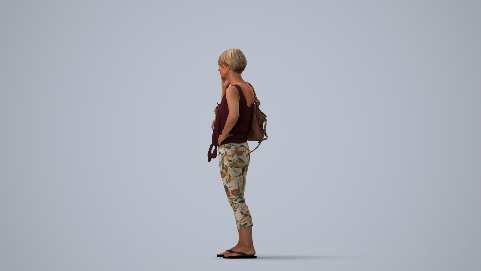3D scanned senior woman standing, photorealistic archviz people for Enscape and SketchUp, three-quarter view render