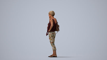 3D scanned senior woman standing, photorealistic archviz people for Enscape and SketchUp, three-quarter view render