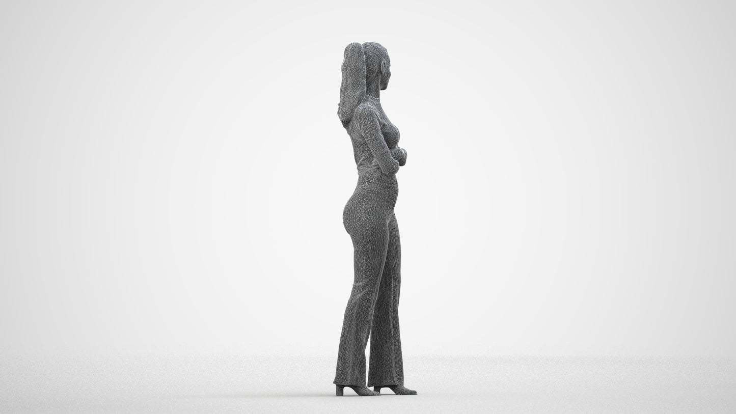 realistic 3D people woman casual standing, render-ready for V-Ray and Corona, FBX OBJ, wireframe side view
