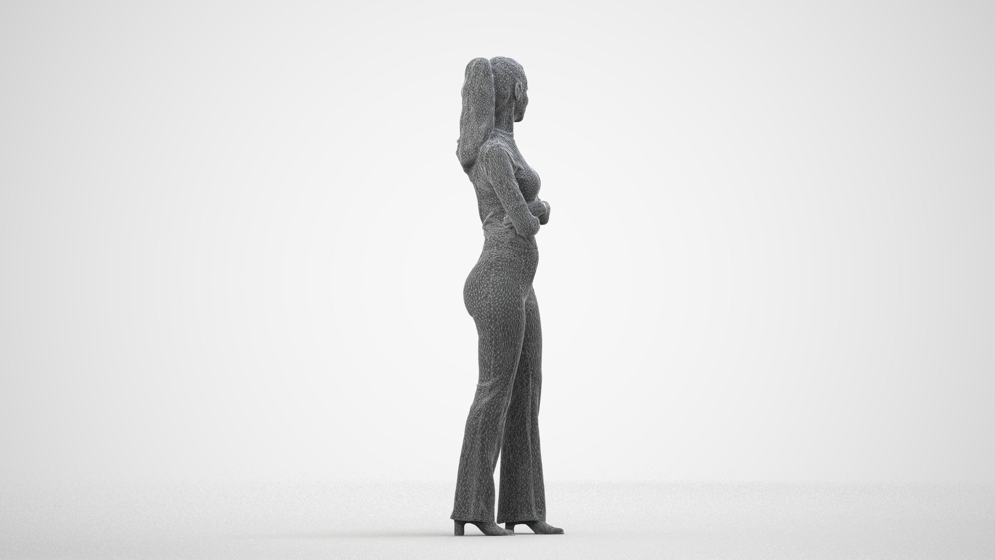 realistic 3D people woman casual standing, render-ready for V-Ray and Corona, FBX OBJ, wireframe side view
