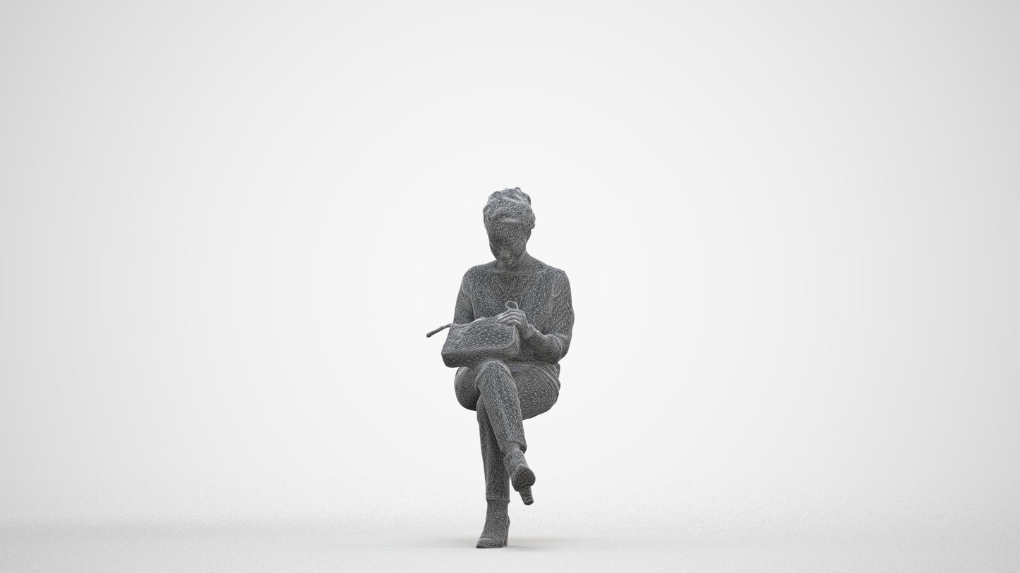 realistic 3D human woman casual sitting, archviz people FBX OBJ for Blender, three-quarter front view render