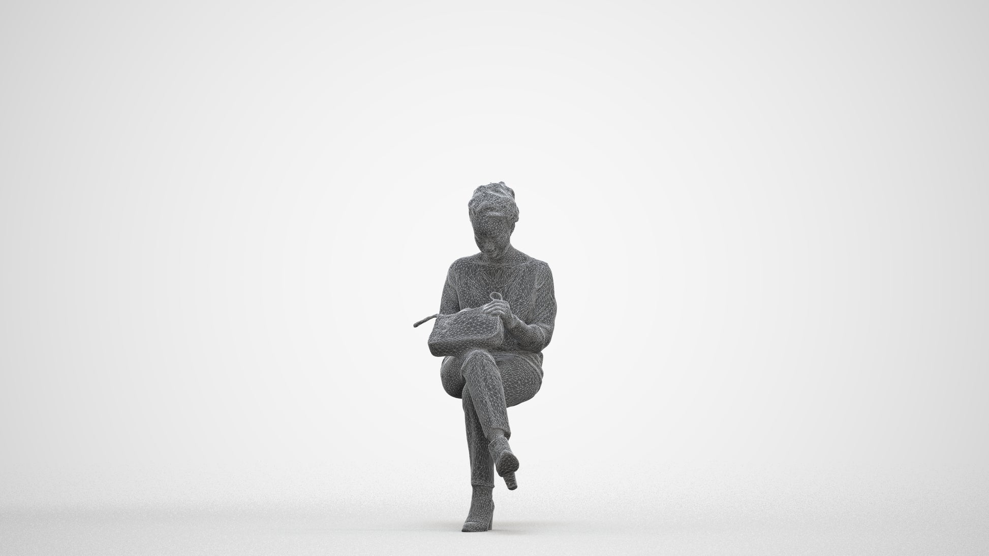 realistic 3D human woman casual sitting, archviz people FBX OBJ for Blender, three-quarter front view render