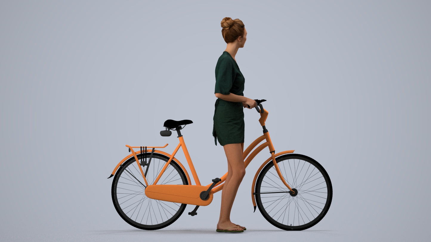 scanned 3D woman casual cycling, photogrammetry people for Enscape and V-Ray, side view render