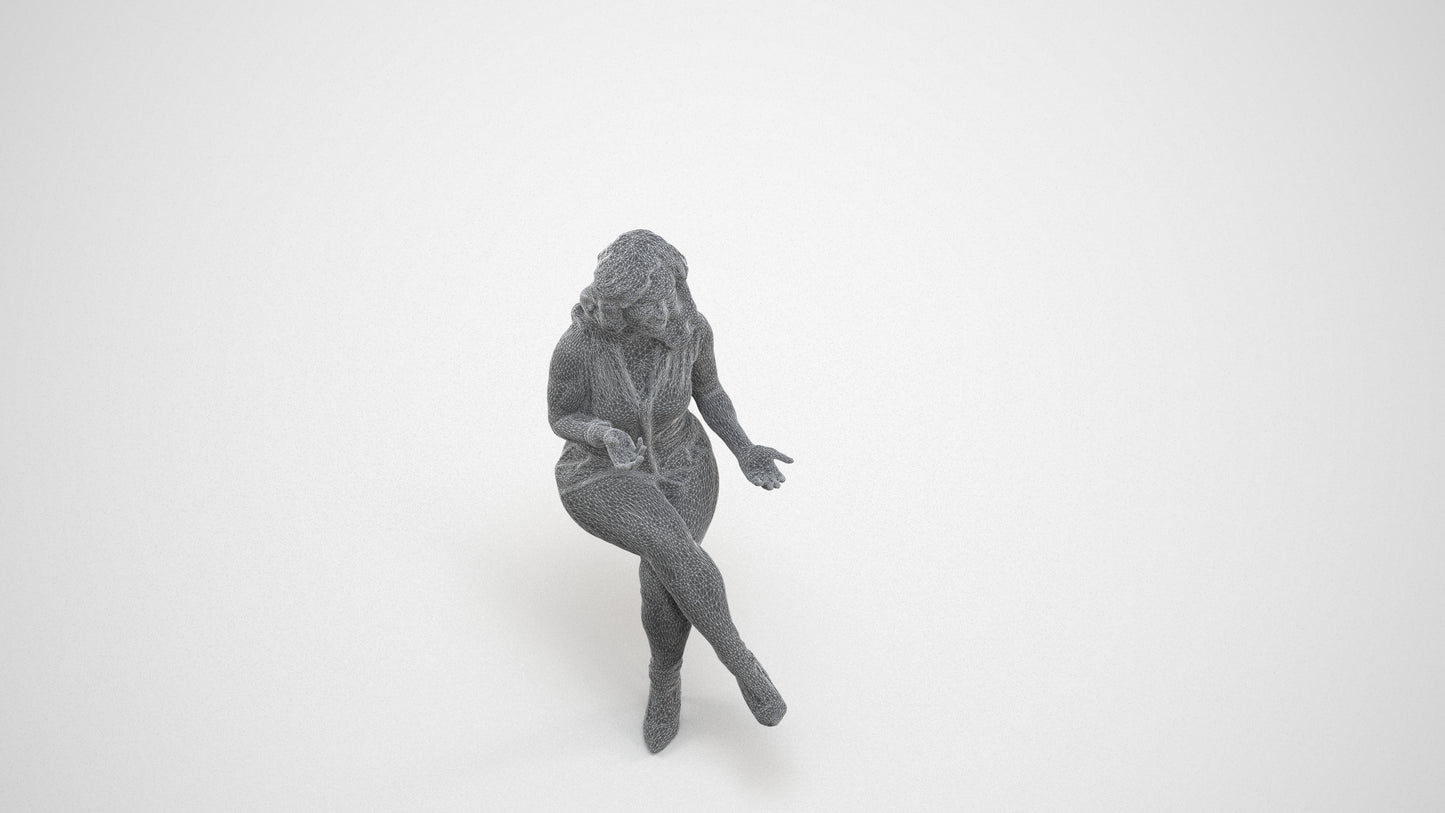 3D human model woman casual sitting, photogrammetry scanned person for archviz, wireframe three-quarter view