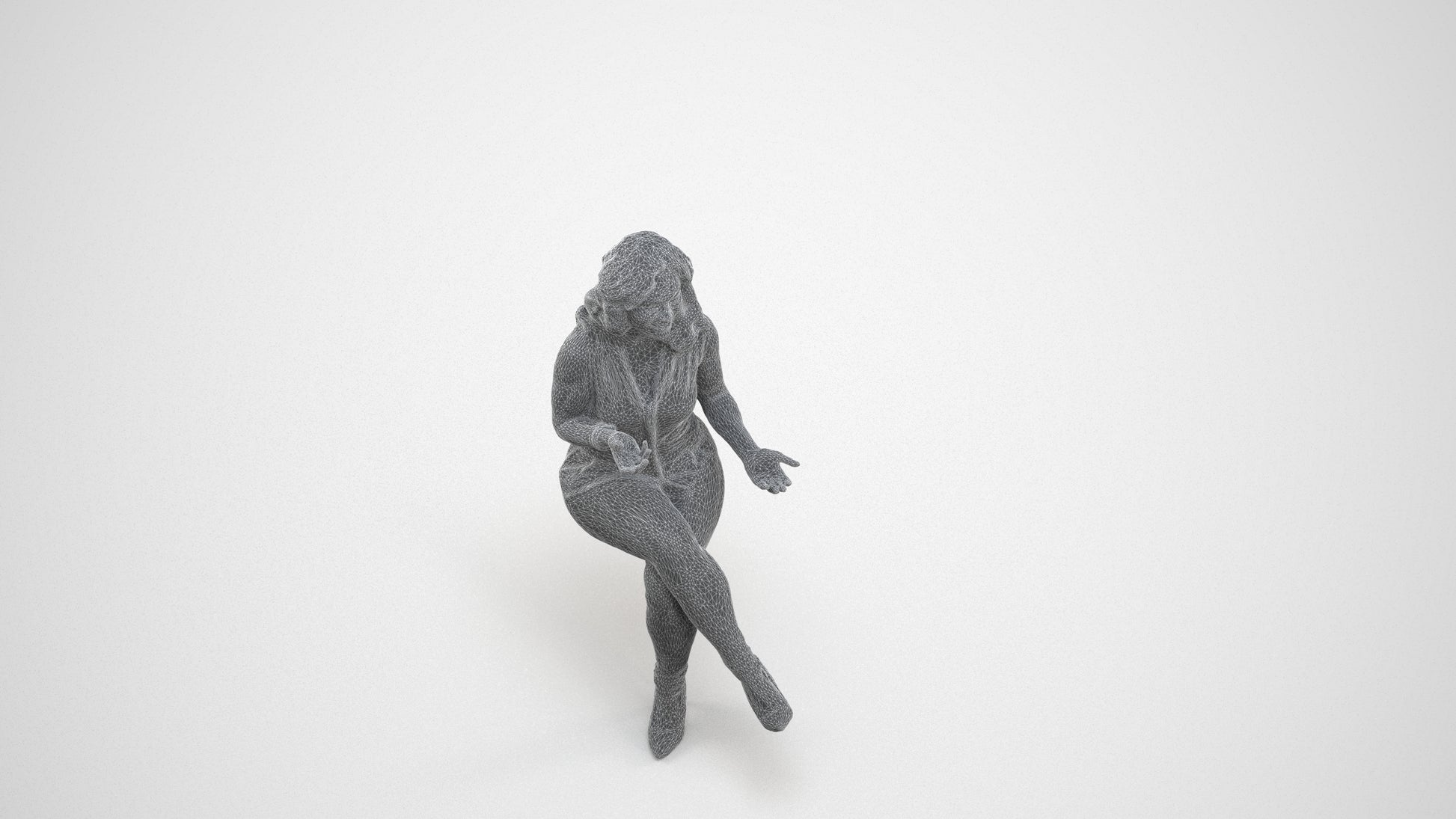 3D human model woman casual sitting, photogrammetry scanned person for archviz, wireframe three-quarter view