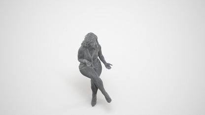 3D human model woman casual sitting, photogrammetry scanned person for archviz, wireframe three-quarter view