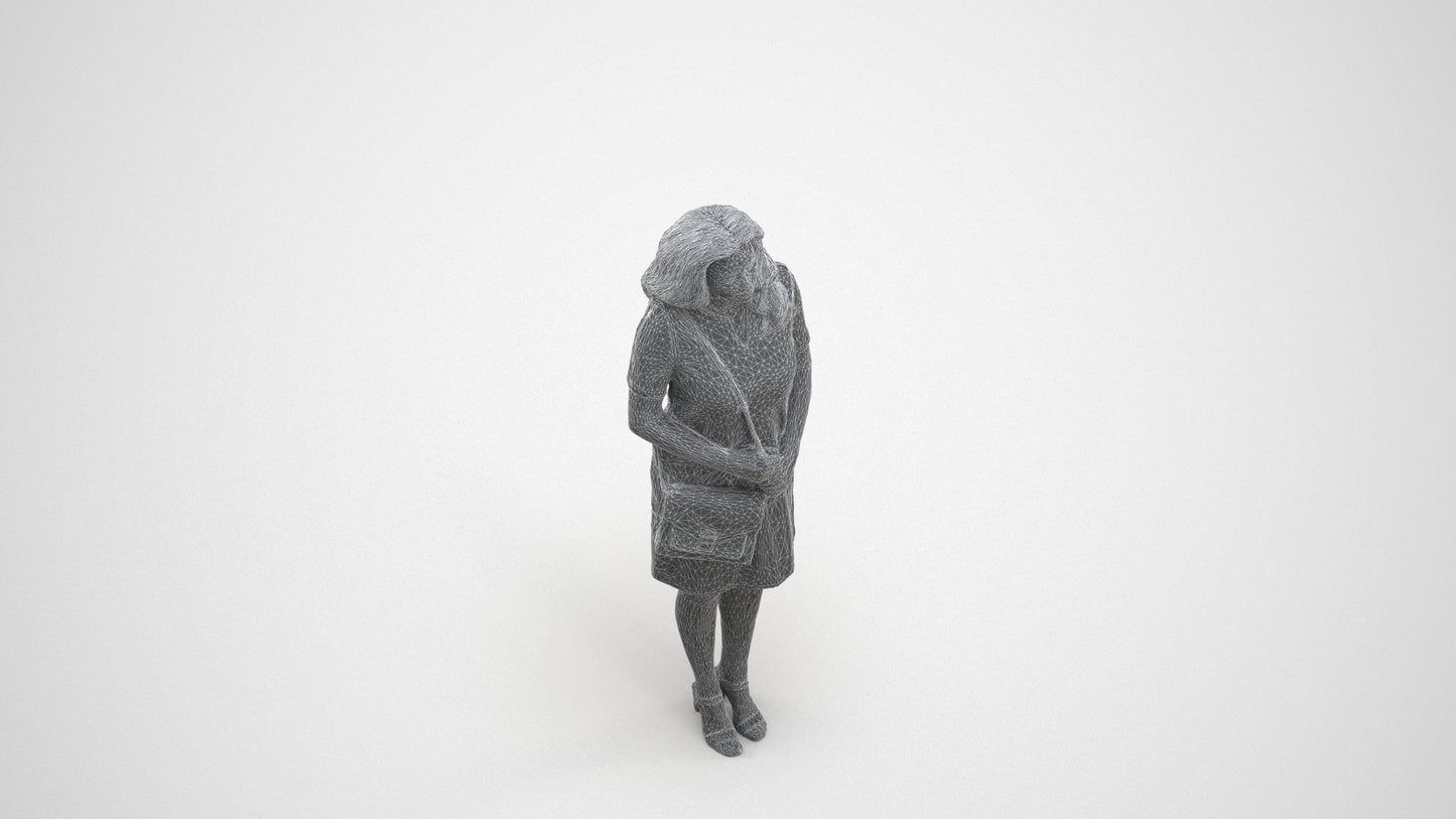 realistic 3D woman business standing, scanned archviz people for Blender and 3ds Max, wireframe three-quarter view
