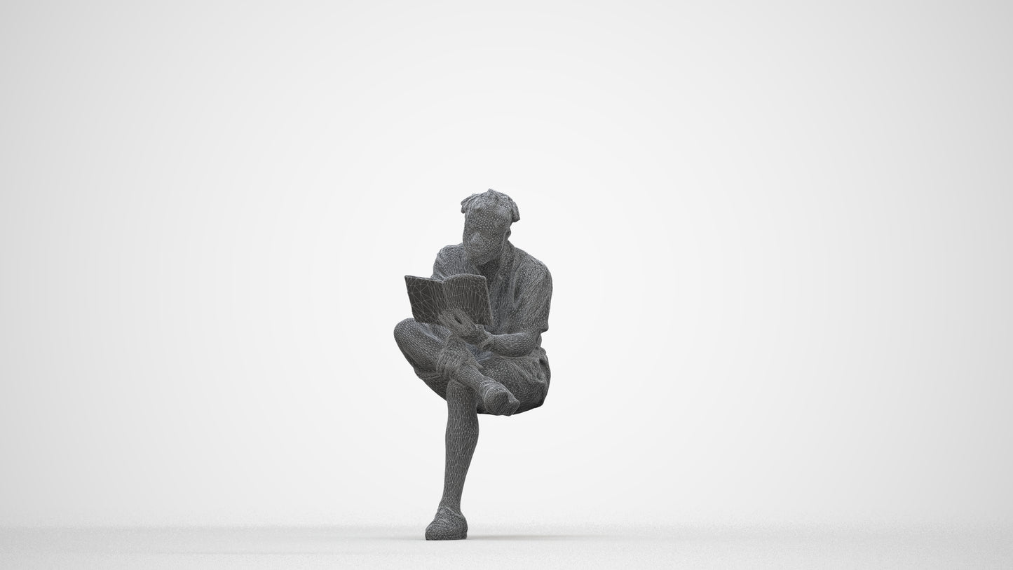 scanned 3D man casual sitting, photogrammetry people for Enscape and V-Ray, wireframe back view