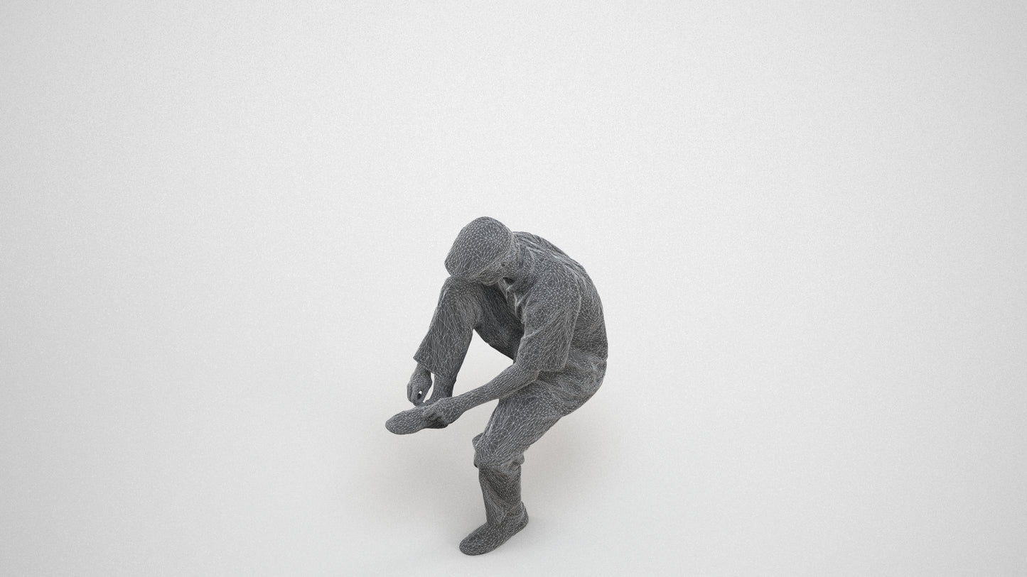 3D scanned man sitting casual, photorealistic archviz people for Enscape and SketchUp, wireframe three-quarter view