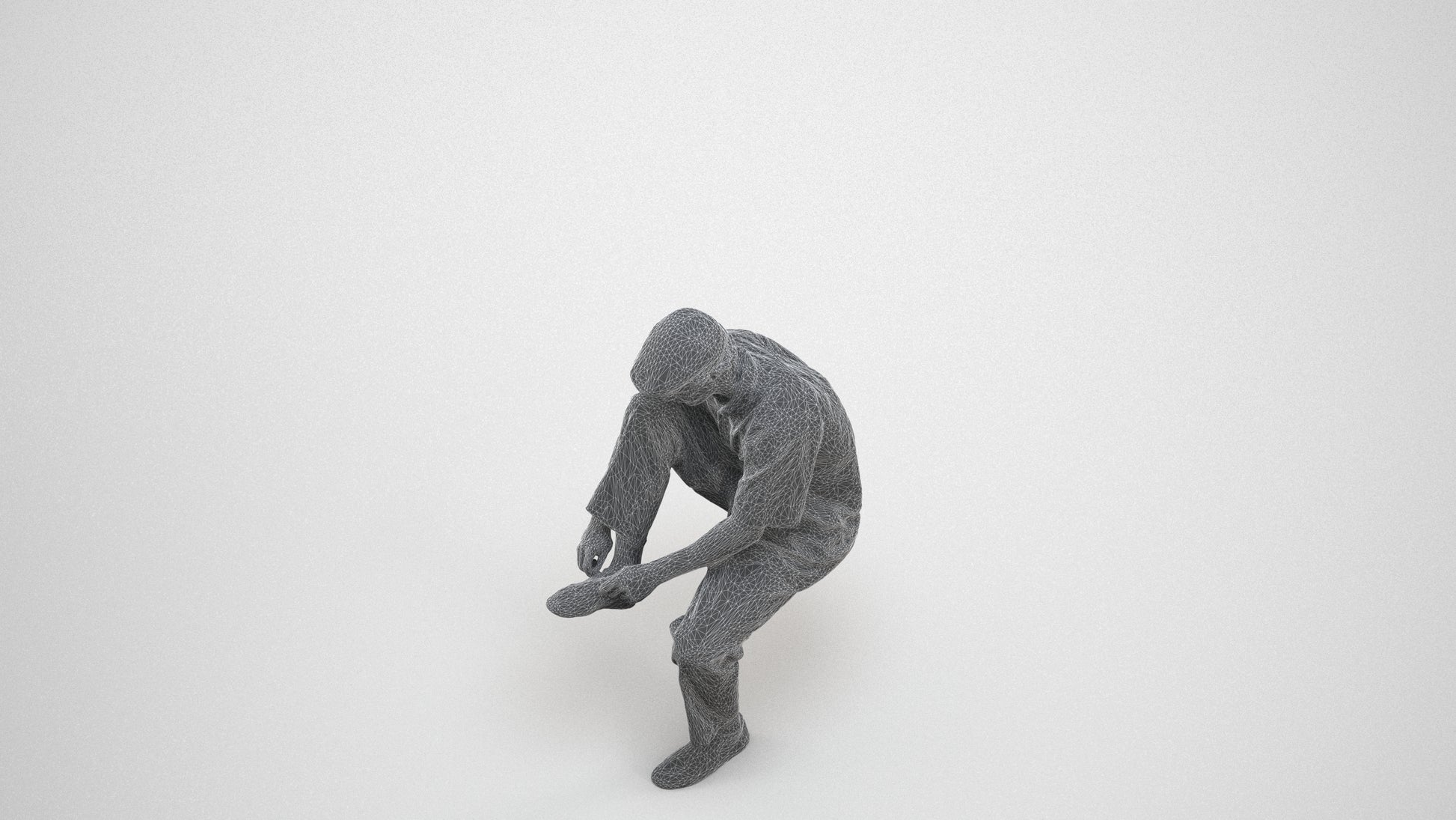 3D scanned man sitting casual, photorealistic archviz people for Enscape and SketchUp, wireframe three-quarter view