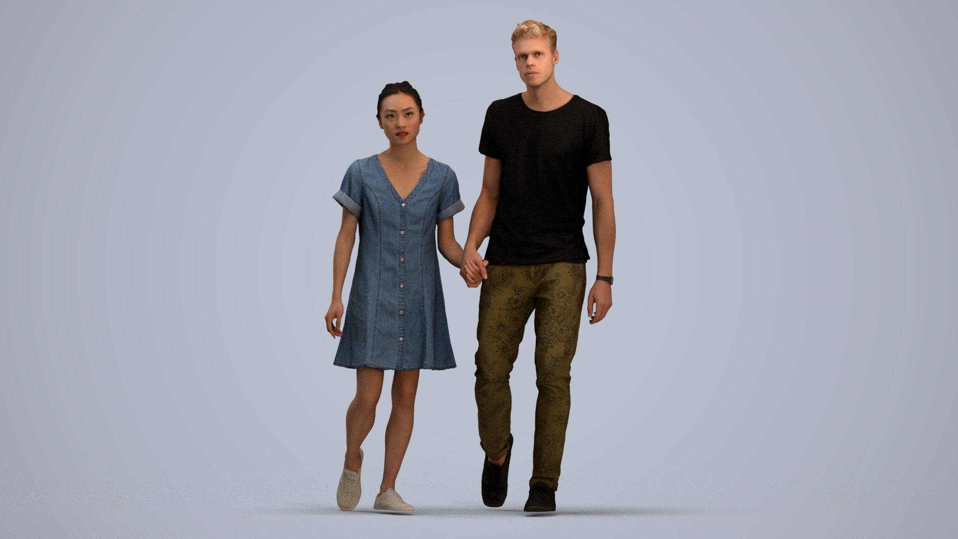 3D human model woman casual couple, photogrammetry scanned person for archviz, standing pose render