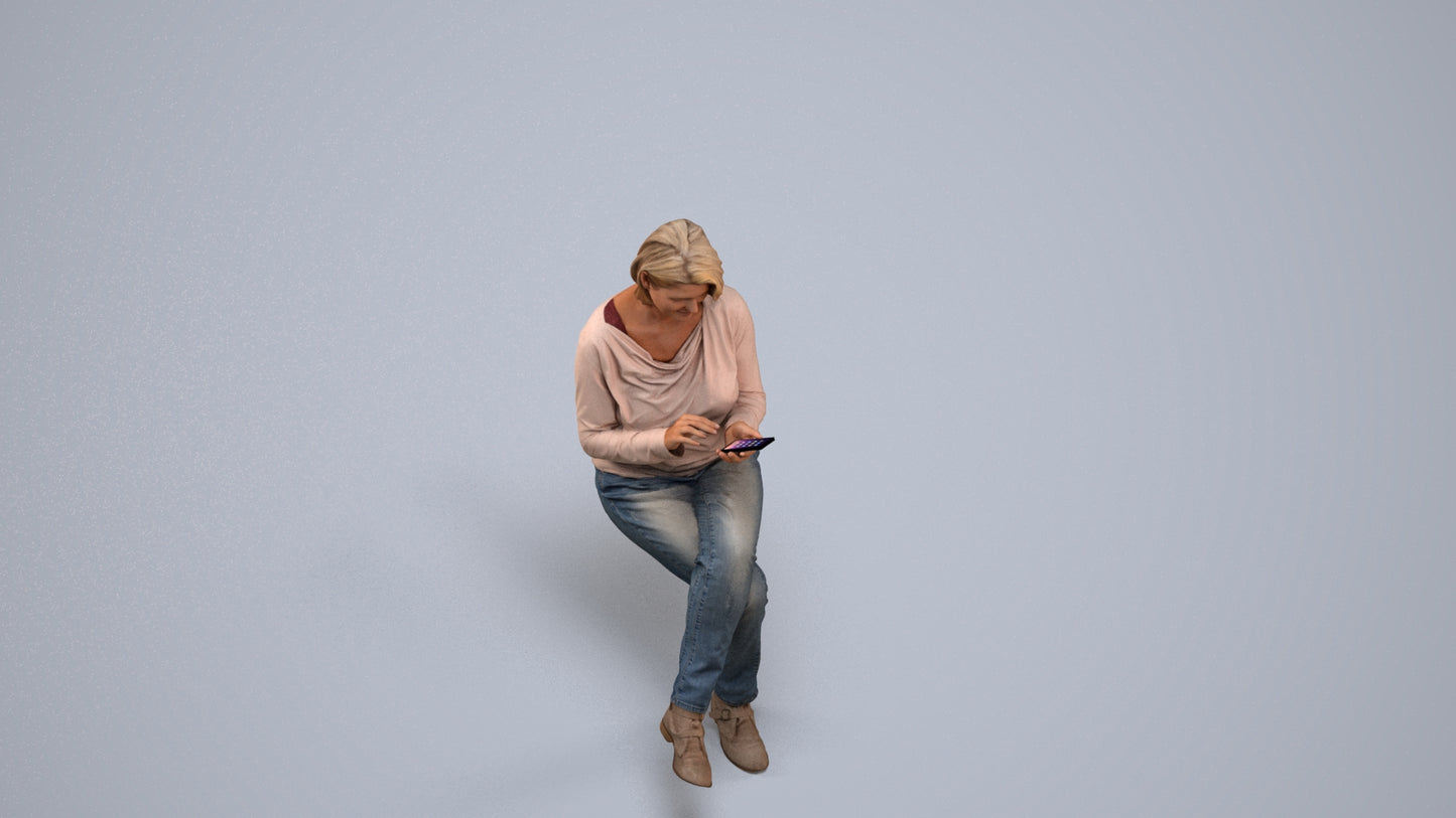 3D people model woman casual sitting, scanned human for 3ds Max rendering, back view render