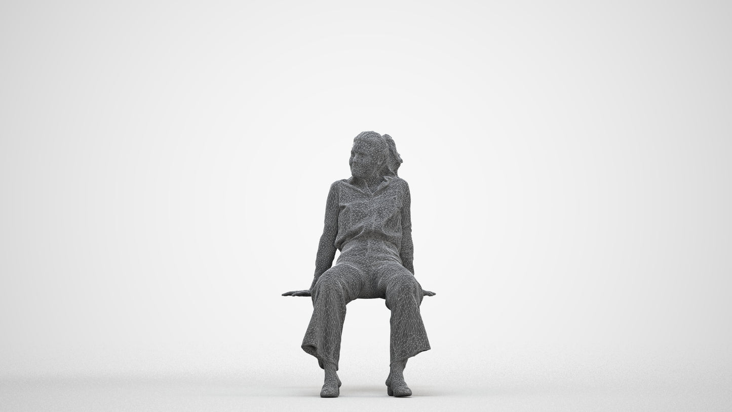 3D scanned woman sitting casual, photorealistic archviz people for Enscape and SketchUp, three-quarter front view render