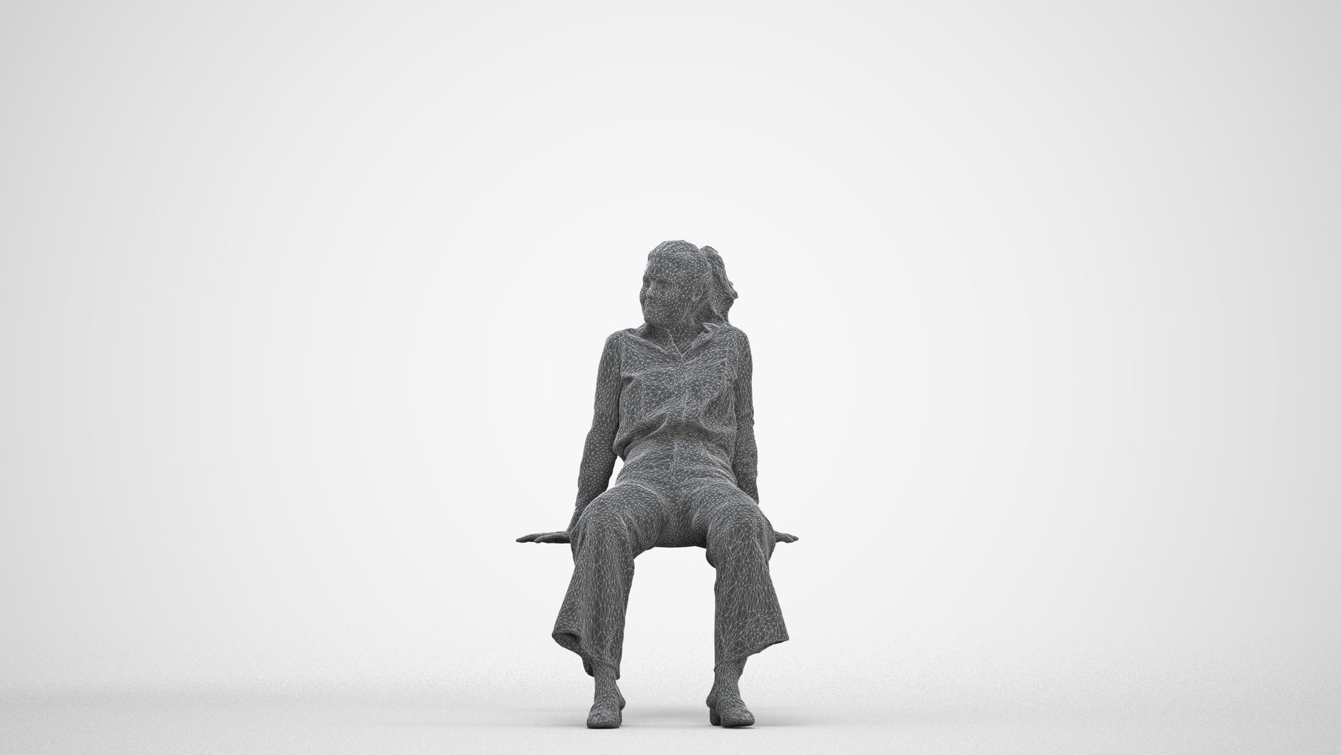 3D scanned woman sitting casual, photorealistic archviz people for Enscape and SketchUp, three-quarter front view render