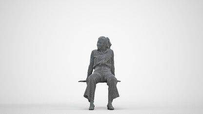 3D scanned woman sitting casual, photorealistic archviz people for Enscape and SketchUp, three-quarter front view render