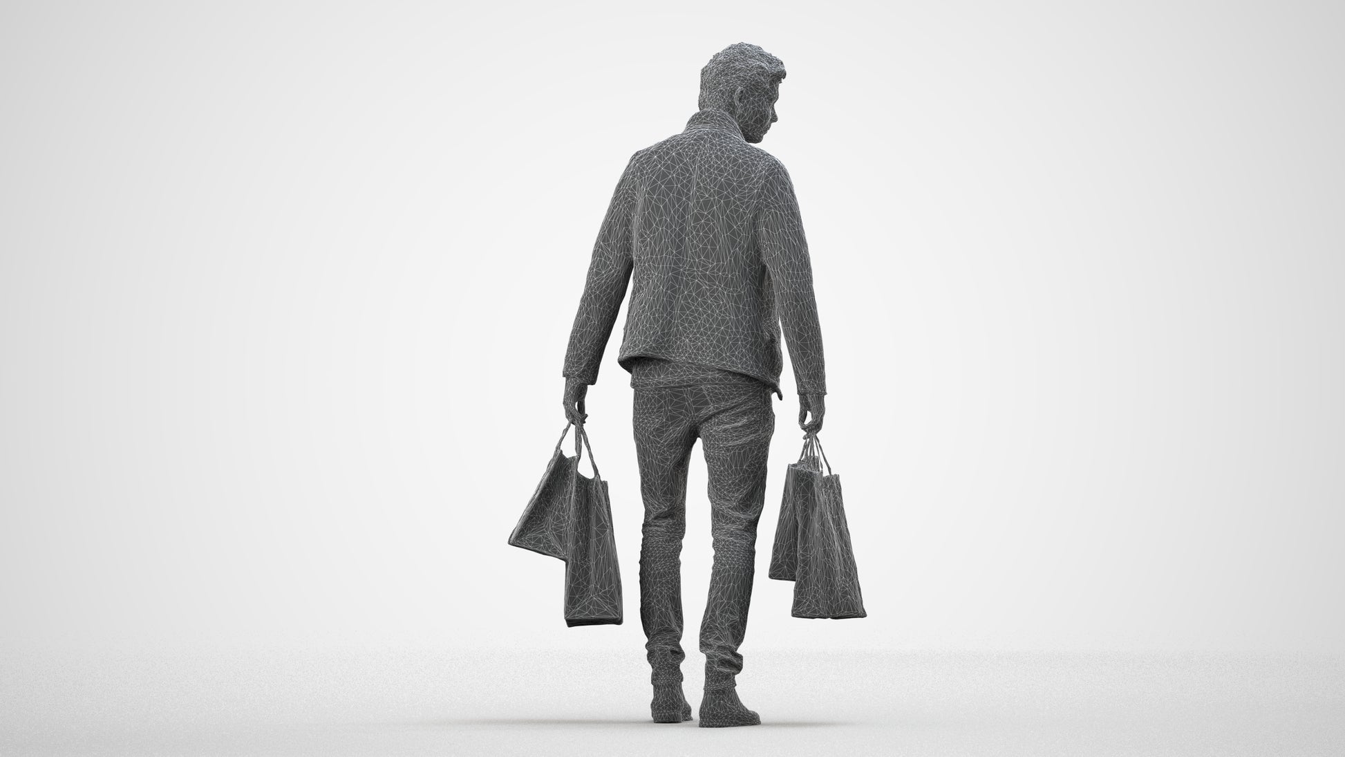 3D scanned man shopping casual, photorealistic archviz people for Enscape and SketchUp, wireframe side view