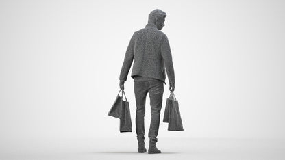 3D scanned man shopping casual, photorealistic archviz people for Enscape and SketchUp, wireframe side view