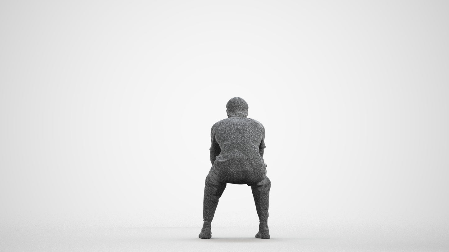 3D scanned man sitting casual, photorealistic archviz people for Enscape and SketchUp, wireframe front view