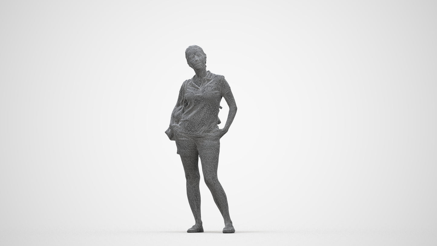 3D scanned woman standing casual, photorealistic archviz people for Enscape and SketchUp, wireframe back view