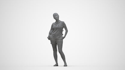 3D scanned woman standing casual, photorealistic archviz people for Enscape and SketchUp, wireframe back view
