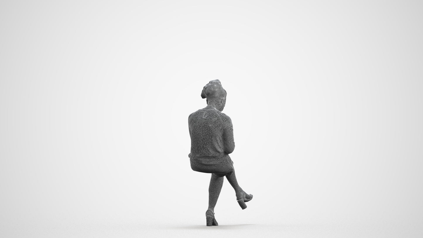 3D scanned woman sitting casual, photorealistic archviz people for Enscape and SketchUp, wireframe front view