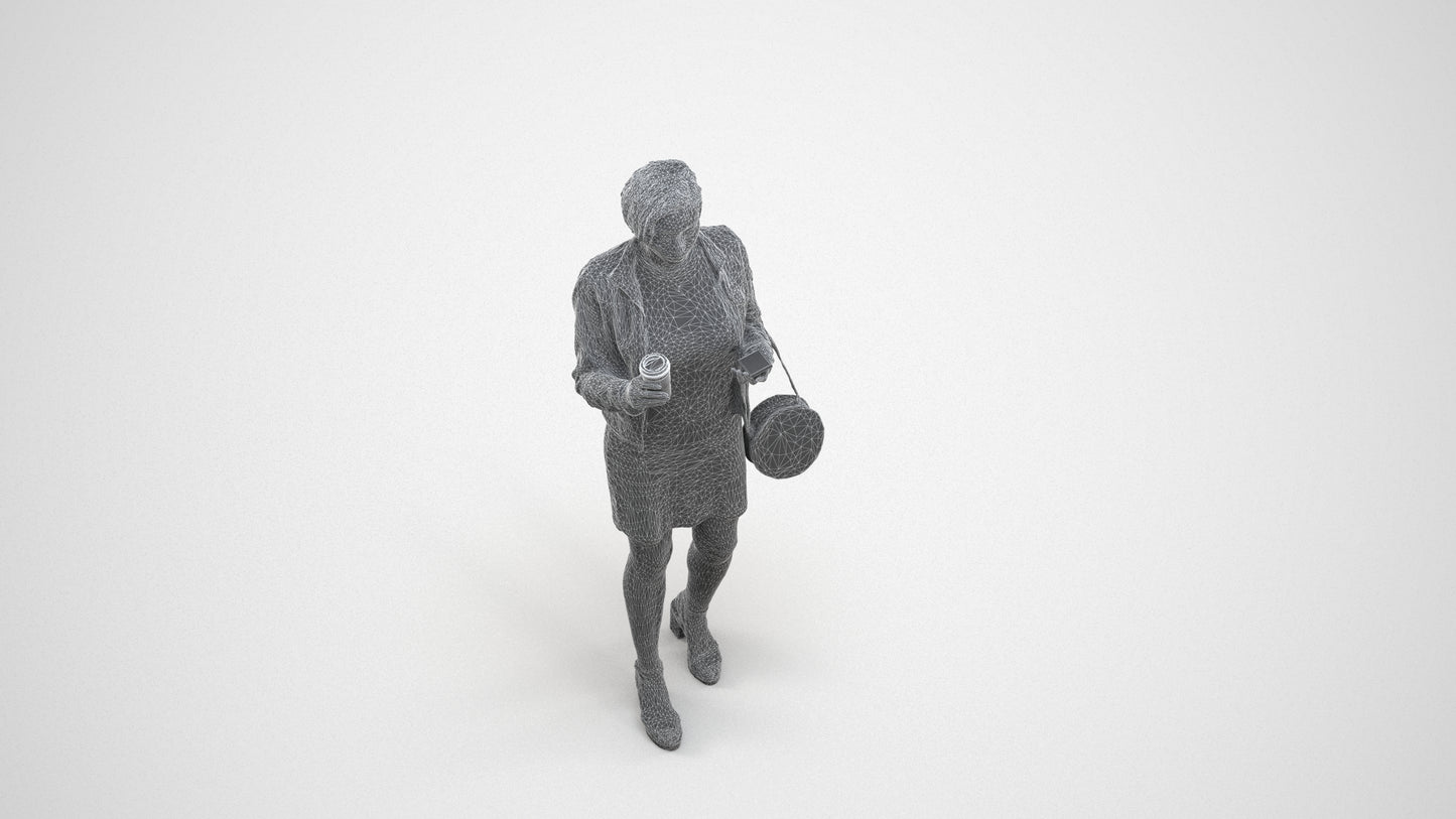 realistic 3D human woman casual standing, archviz people FBX OBJ for Blender, wireframe three-quarter view
