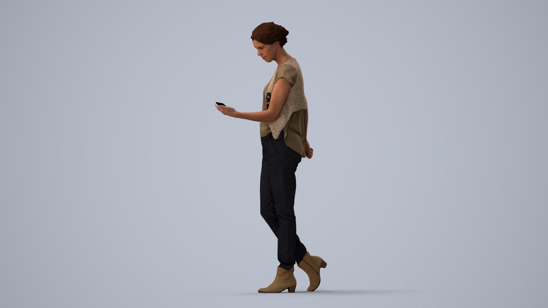 3D scanned woman standing casual, photorealistic archviz people for Enscape and SketchUp, three-quarter view render