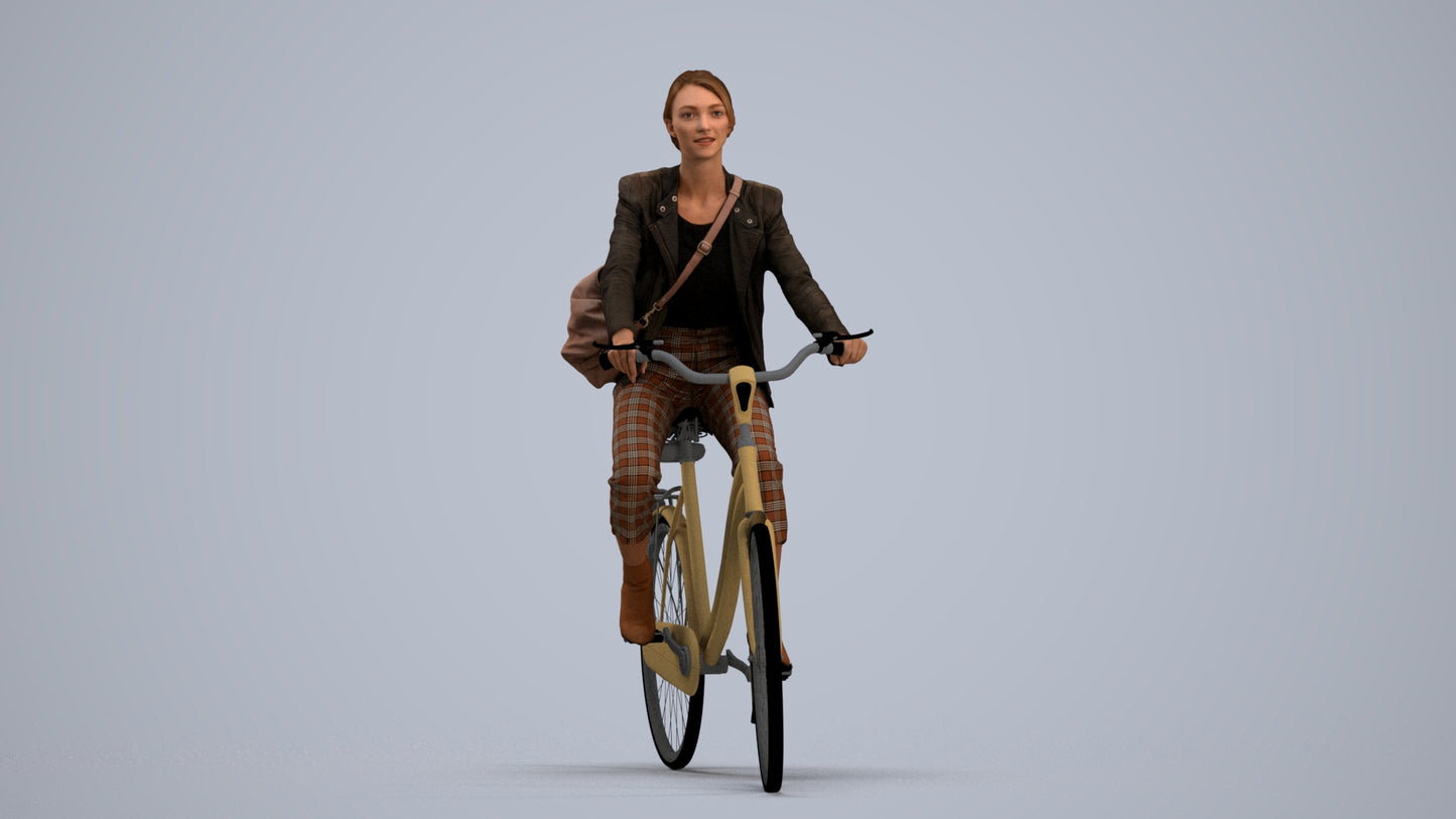 photogrammetry 3D woman business cycling, realistic human model archviz FBX, standing pose render