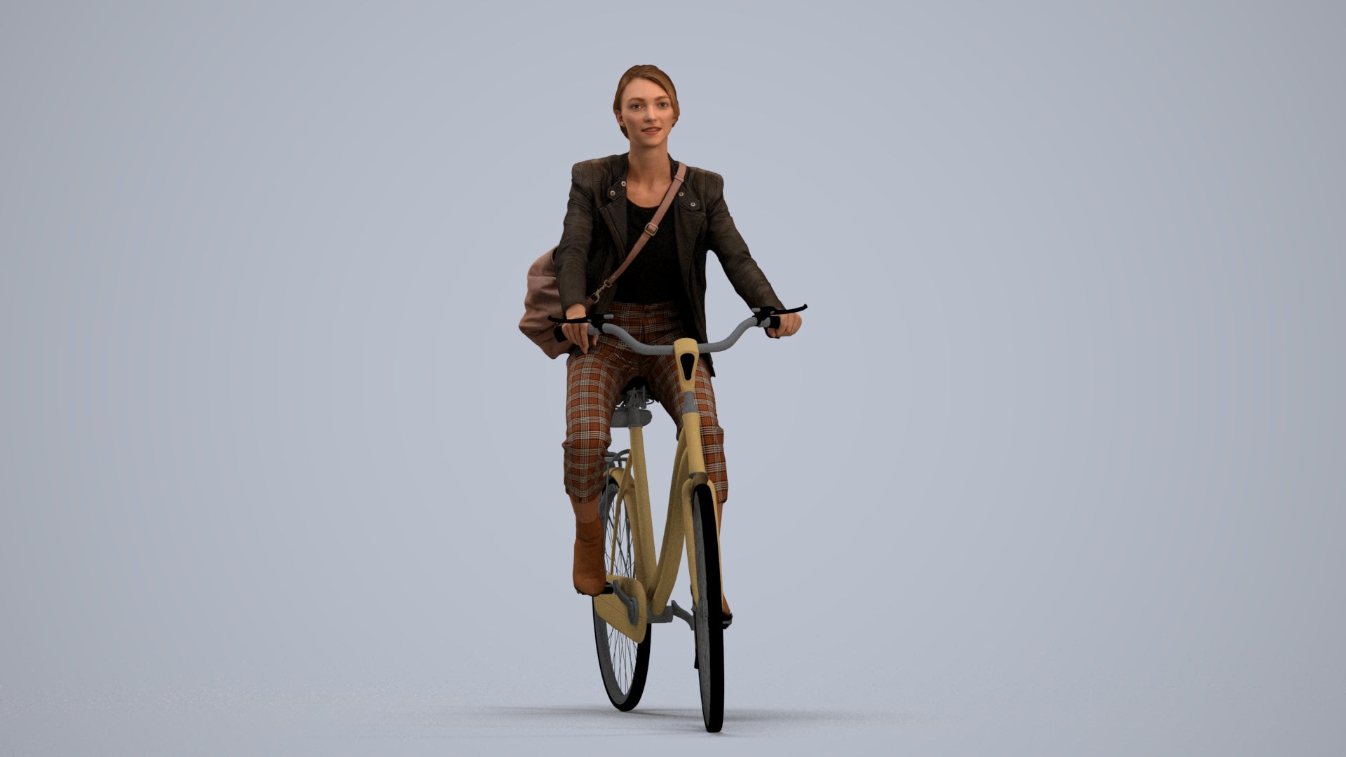 photogrammetry 3D woman business cycling, realistic human model archviz FBX, standing pose render