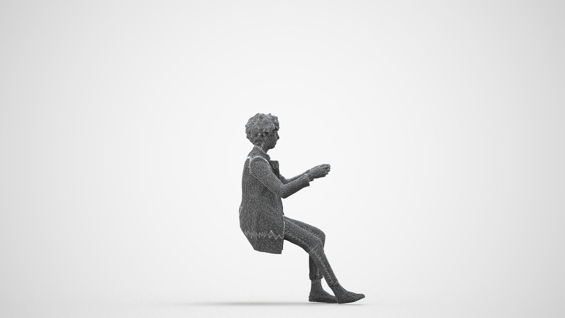 3D scanned woman sitting business, photorealistic archviz people for Enscape and SketchUp, wireframe side view