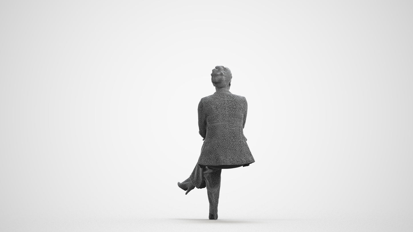 3D human model woman business sitting, photogrammetry scanned person for archviz, wireframe front view