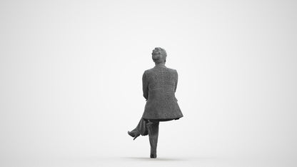 3D human model woman business sitting, photogrammetry scanned person for archviz, wireframe front view