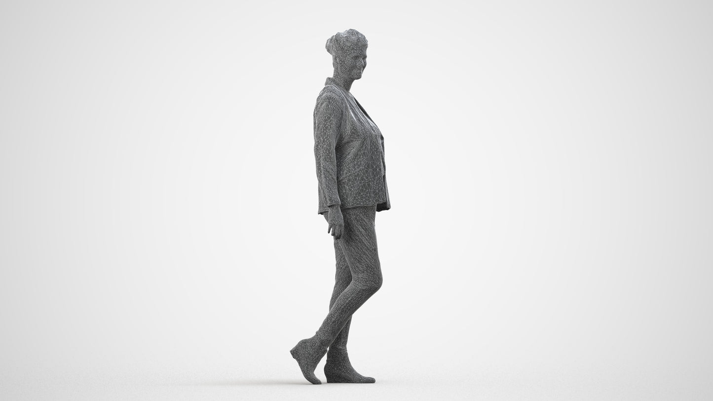 photogrammetry 3D woman business walking, realistic human model archviz FBX, wireframe side view