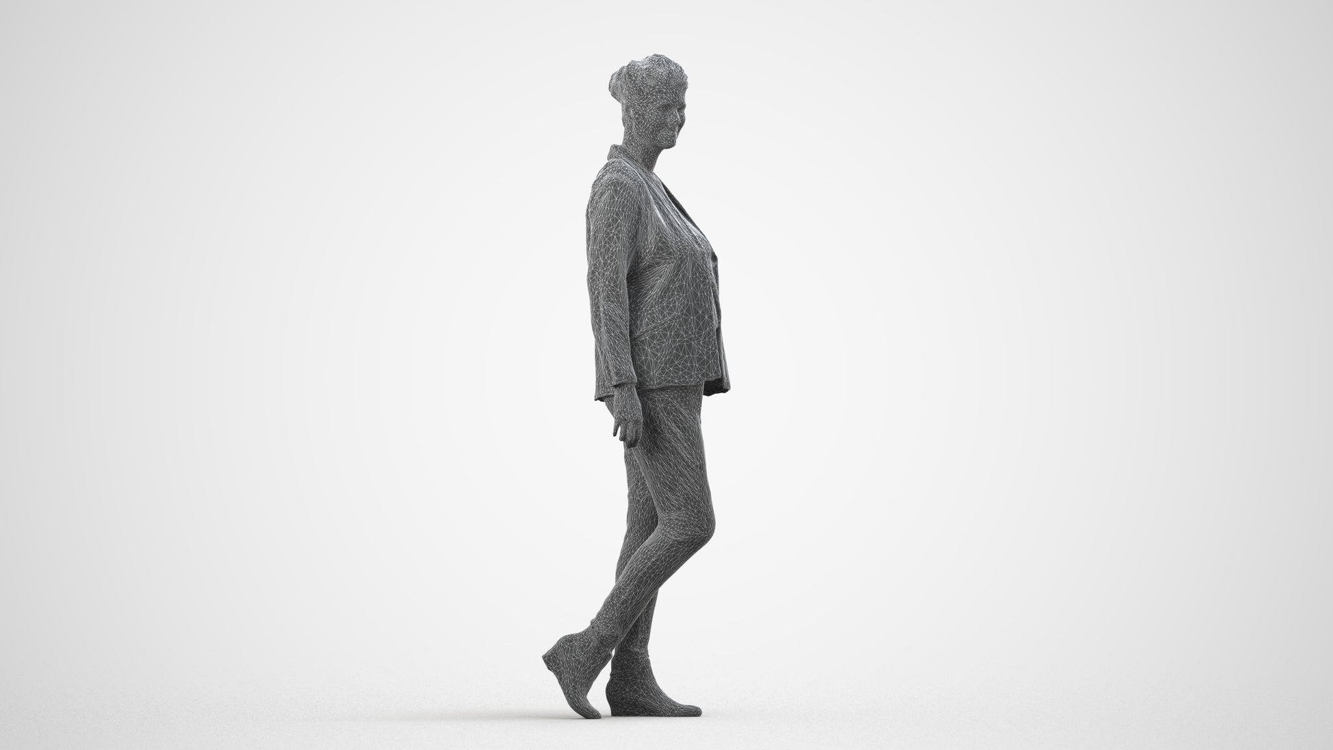photogrammetry 3D woman business walking, realistic human model archviz FBX, wireframe side view