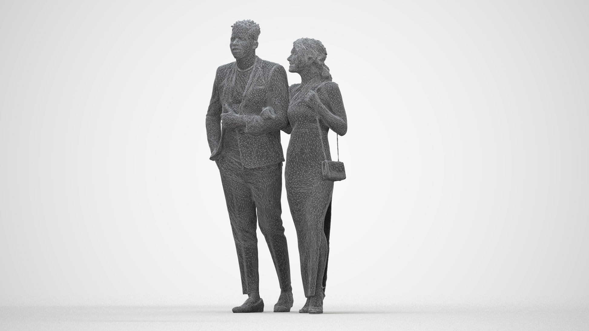 3D human model woman formal couple, photogrammetry scanned person for archviz, wireframe back view