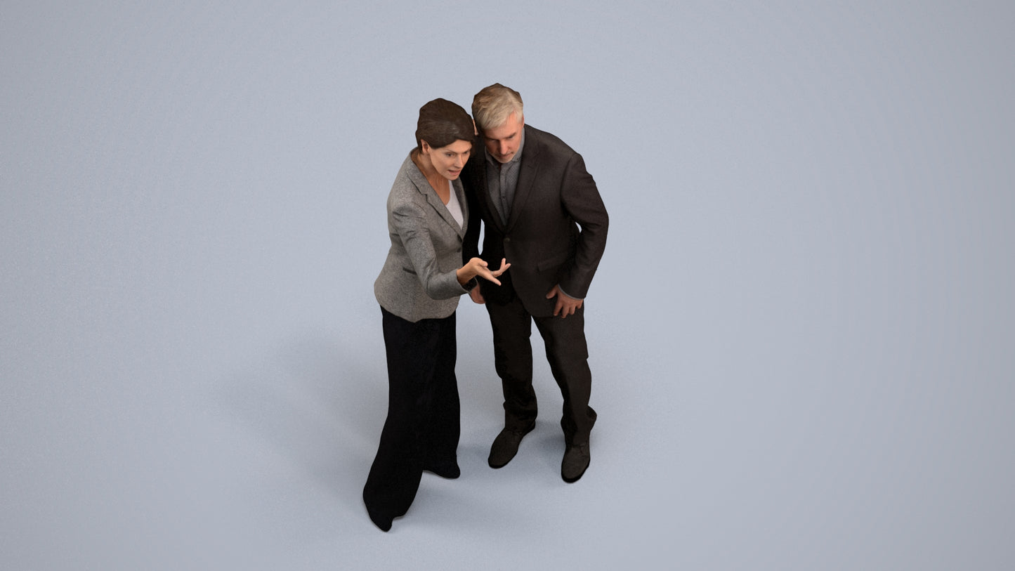 realistic 3D human woman formal couple, archviz people FBX OBJ for Blender, back view render