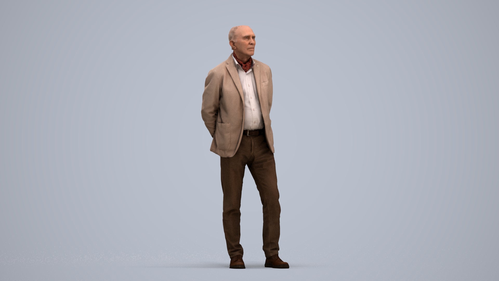 realistic 3D human senior man business standing, archviz people FBX OBJ for Blender, standing pose render